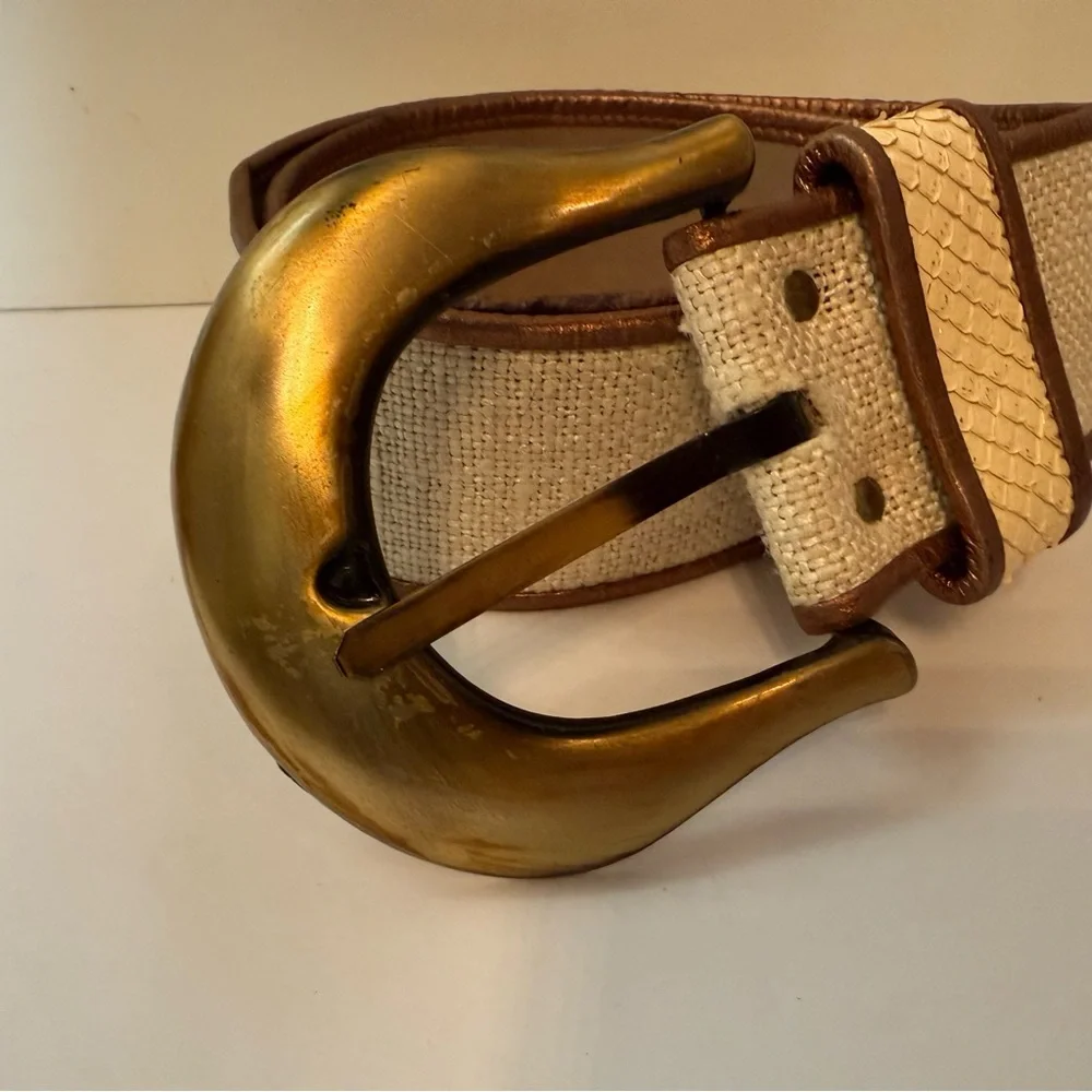 DUSTY BAKER BELT WIDE CREAM FABRIC SNAKESKIN METALLIC BRONZE GOLD SIZE M